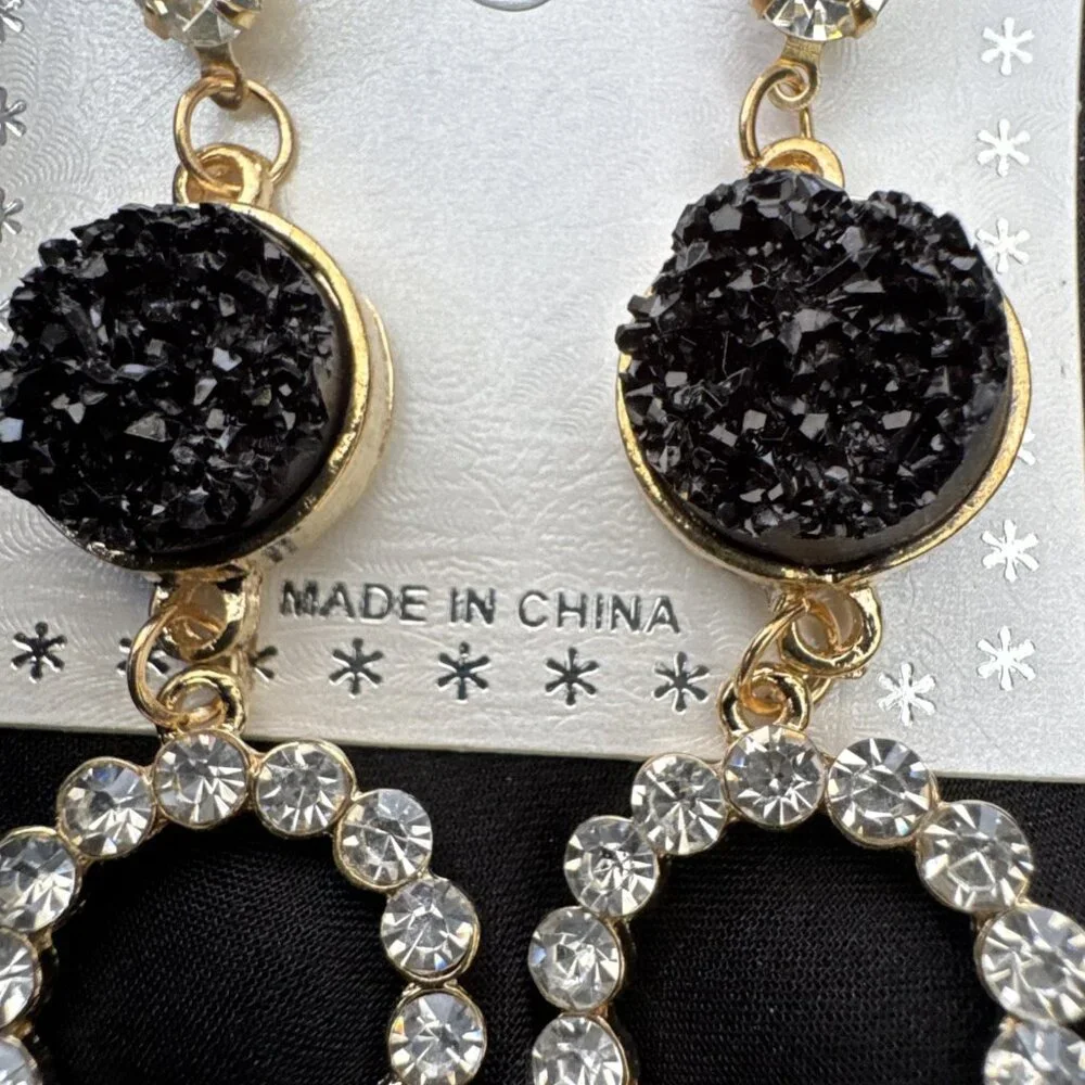 Pastel Faux Black Stone Crystal Gold Rhinestone Earrings Dangle Drop Party NEW